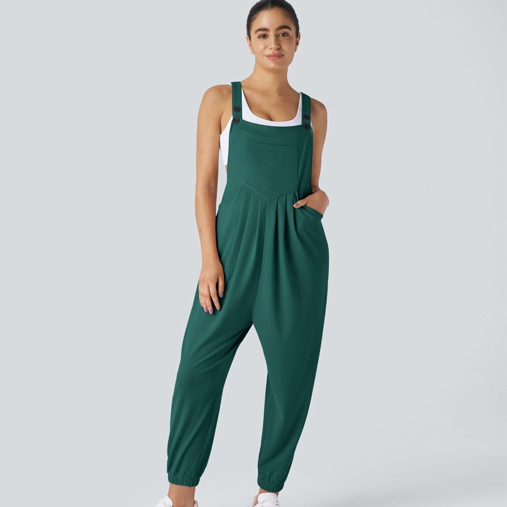Halara Adjustable Strap Button Multiple Pockets Plicated Waffle Jogger Overalls